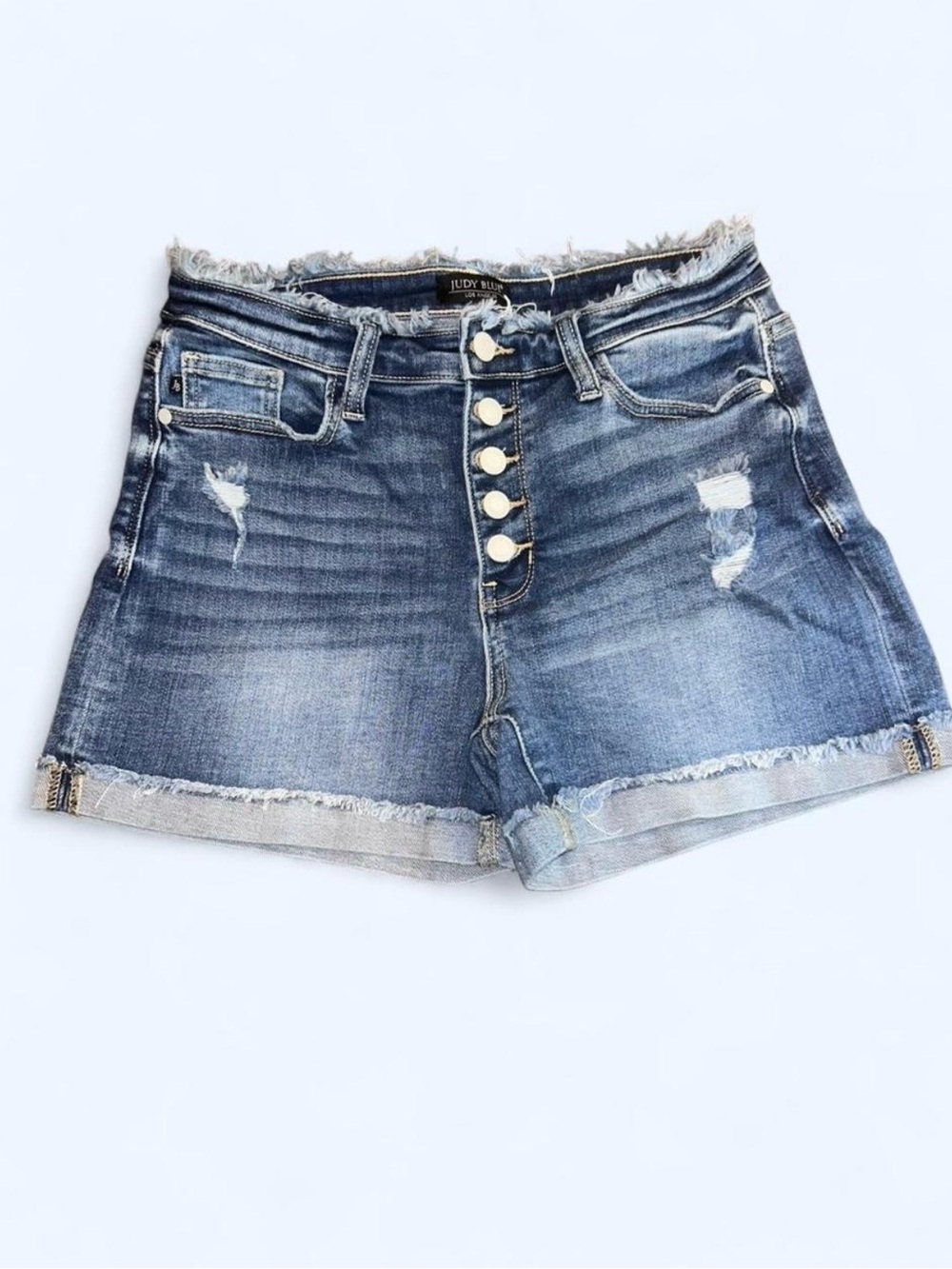 Judy Blue Button-Front Distressed Denim Shorts in Blue Wash
